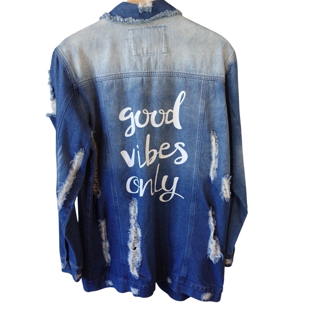 Y2K Denim Jacket Womens L XL Distressed Blue Jean Good Vibes Acid Wash Shirt - Picture 1 of 8